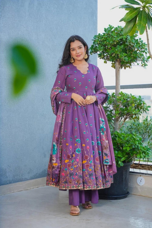 Lavender Floral Printed Muslin Anarkali Suit (ACA7440)