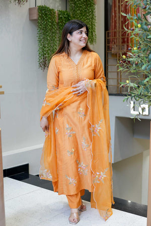 Orange Floral Embroidered Muslin Straight Cut Suit (ACA7441)