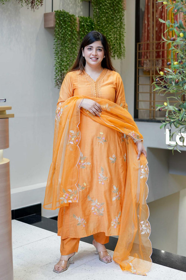 Orange Floral Embroidered Muslin Straight Cut Suit (ACA7441)