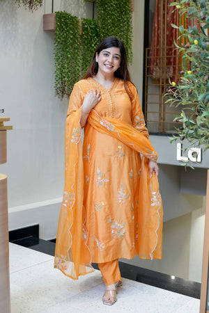 Orange Floral Embroidered Muslin Straight Cut Suit (ACA7441)