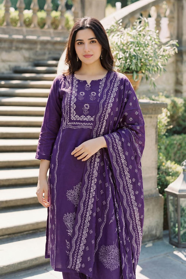 Violet Printed Muslin Straight Cut Suit (ACA7442)