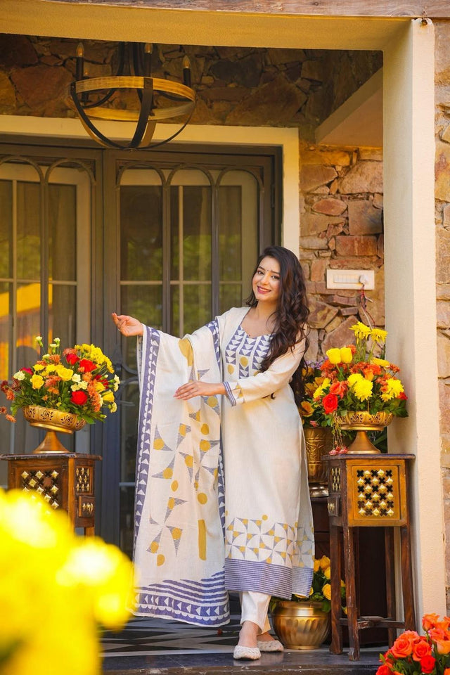 Off White Printed Muslin Straight Cut Suit (ACA7443)