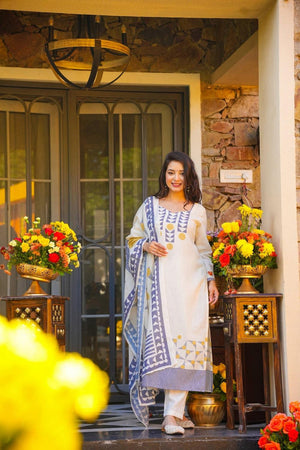 Off White Printed Muslin Straight Cut Suit (ACA7443)