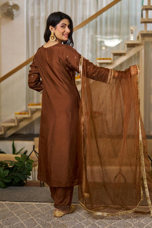 Brown Floral Embroidered Silk Straight Cut Suit (ACA7444)
