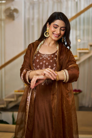 Brown Floral Embroidered Silk Straight Cut Suit (ACA7444)