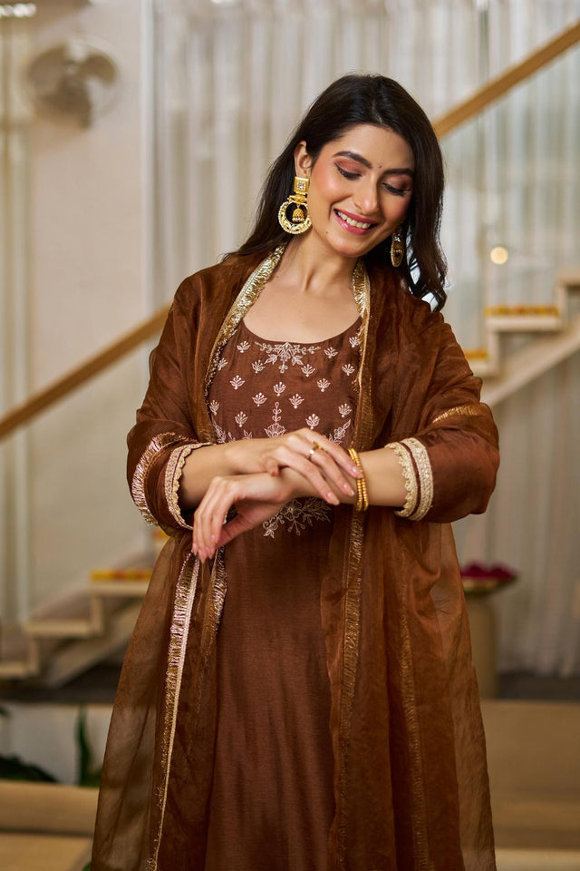Brown Floral Embroidered Silk Straight Cut Suit (ACA7444)