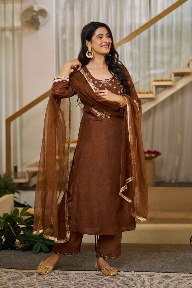 Brown Floral Embroidered Silk Straight Cut Suit (ACA7444)