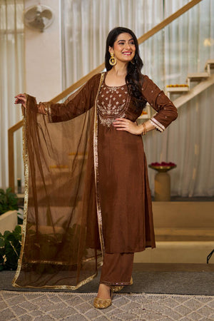 Brown Floral Embroidered Silk Straight Cut Suit (ACA7444)