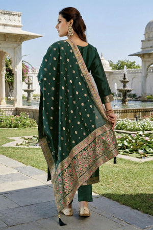 Green Floral Embroidered Art Silk Straight Cut Suit (ACA7445)