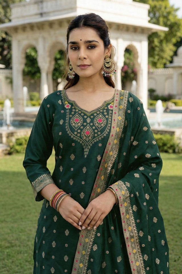 Green Floral Embroidered Art Silk Straight Cut Suit (ACA7445)