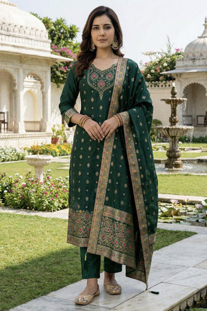 Green Floral Embroidered Art Silk Straight Cut Suit (ACA7445)