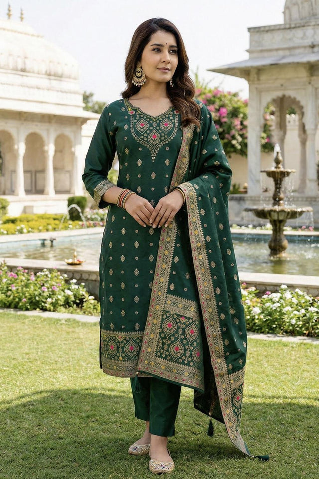 Green Floral Embroidered Art Silk Straight Cut Suit (ACA7445)