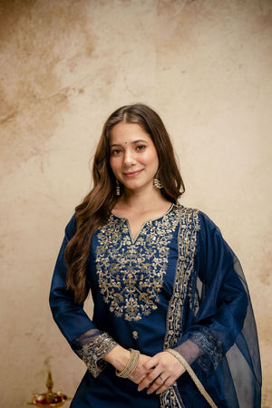 Blue Floral Embroidered Chanderi Straight Cut Suits (ACA7446)