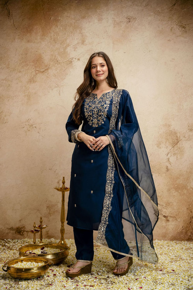Blue Floral Embroidered Chanderi Straight Cut Suits (ACA7446)