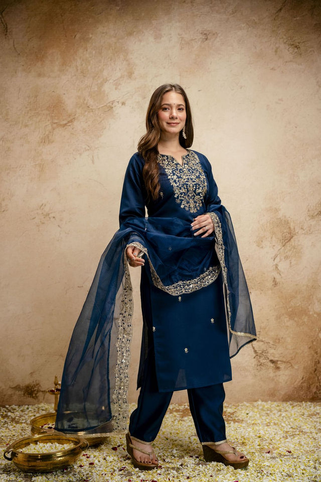 Blue Floral Embroidered Chanderi Straight Cut Suits (ACA7446)
