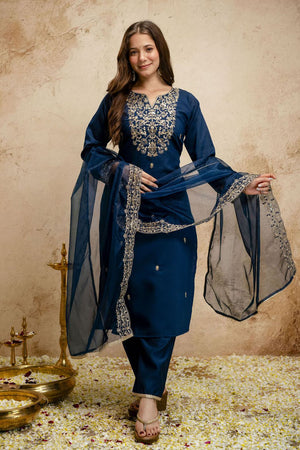 Blue Floral Embroidered Chanderi Straight Cut Suits (ACA7446)