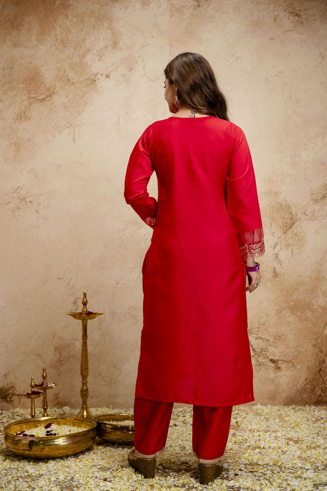 Red Floral Embroidered Chanderi Straight Cut Suits (ACA7447)