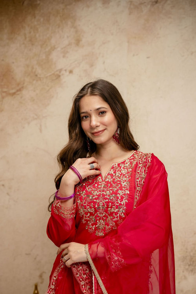 Red Floral Embroidered Chanderi Straight Cut Suits (ACA7447)