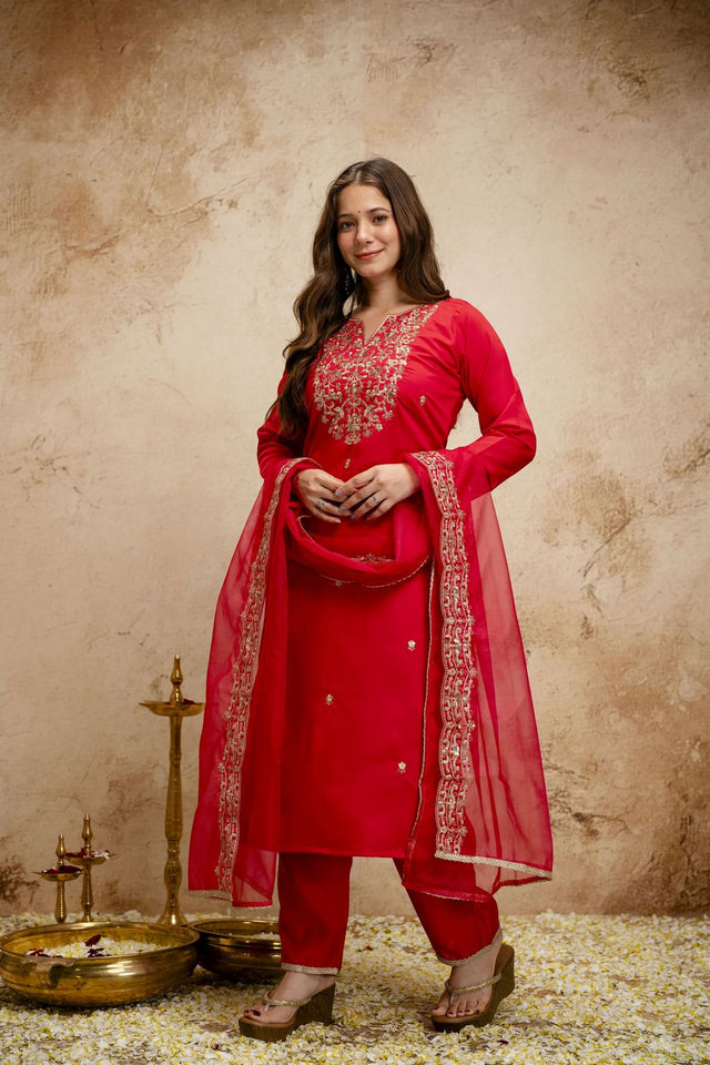 Red Floral Embroidered Chanderi Straight Cut Suits (ACA7447)