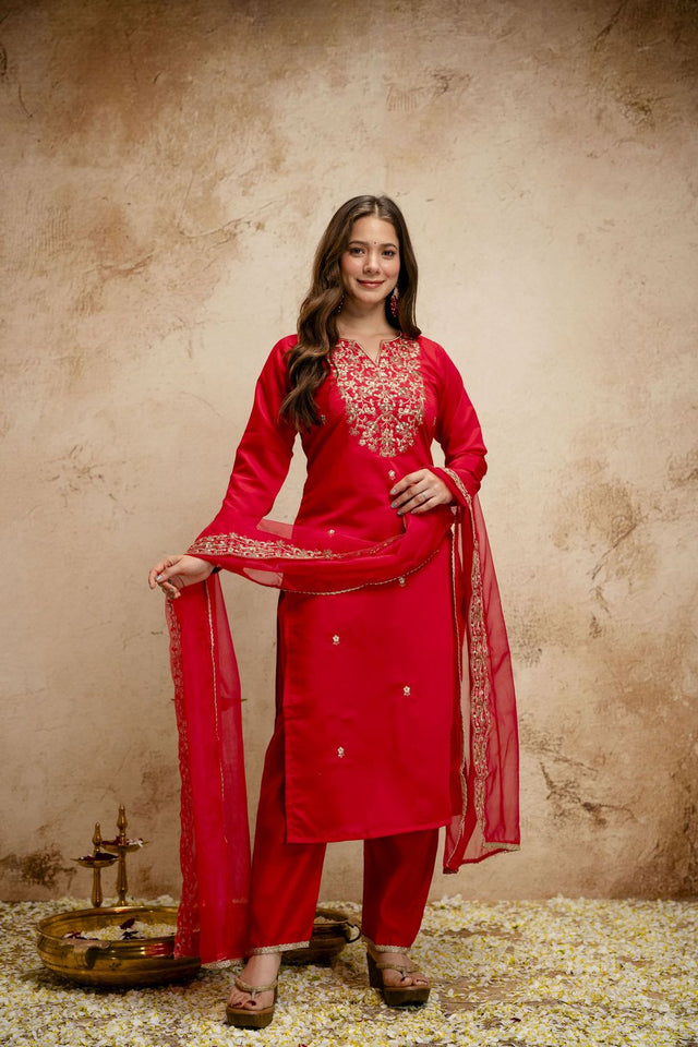 Red Floral Embroidered Chanderi Straight Cut Suits (ACA7447)