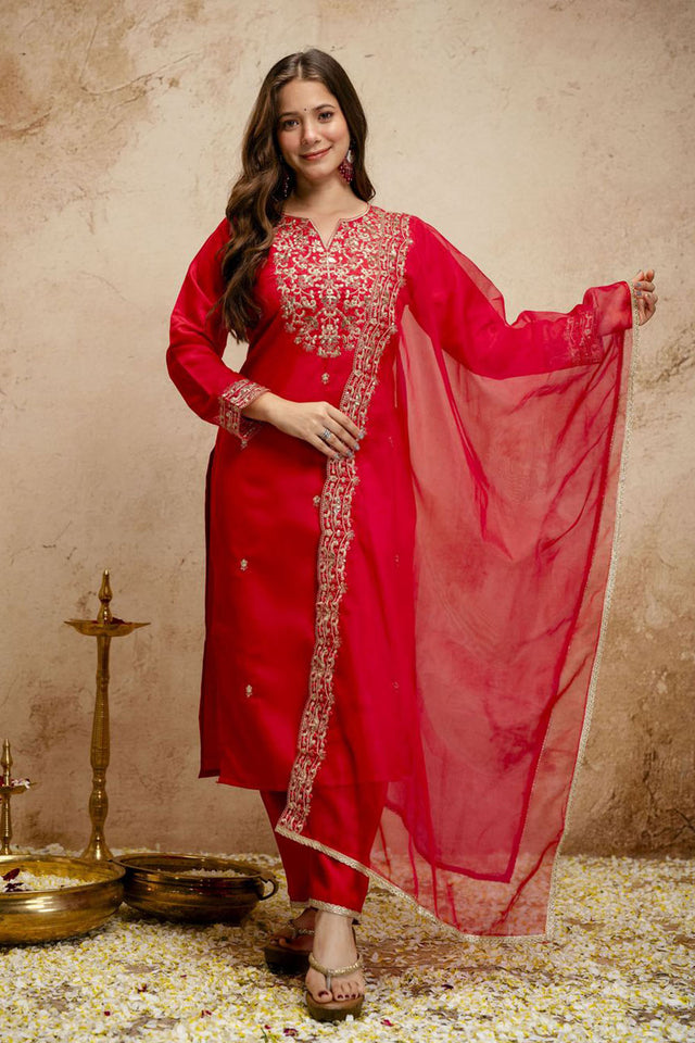 Red Floral Embroidered Chanderi Straight Cut Suits (ACA7447)