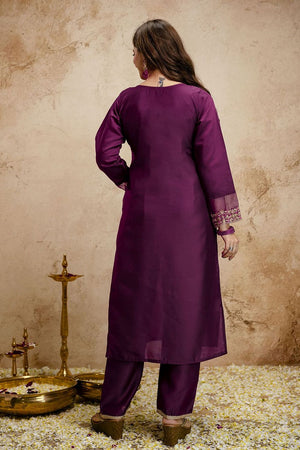 Wine Floral Embroidered Chanderi Straight Cut Suits (ACA7448)