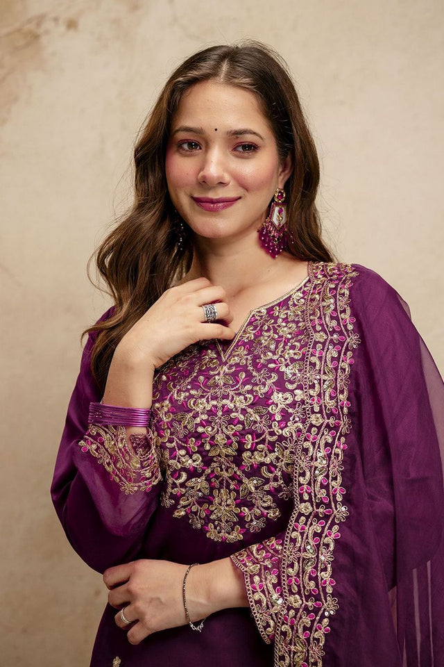 Wine Floral Embroidered Chanderi Straight Cut Suits (ACA7448)