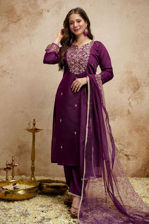 Wine Floral Embroidered Chanderi Straight Cut Suits (ACA7448)