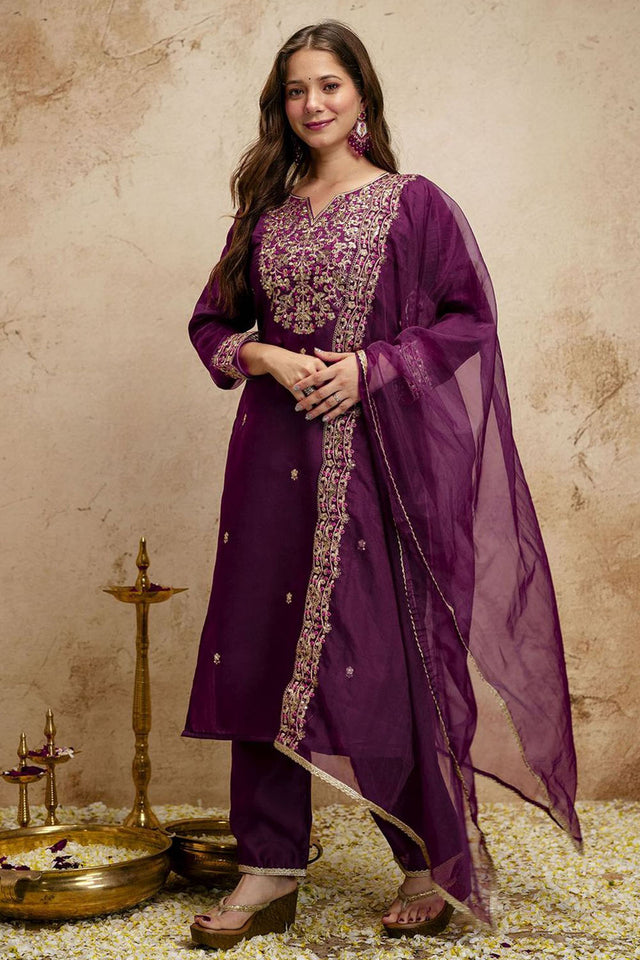 Wine Floral Embroidered Chanderi Straight Cut Suits (ACA7448)