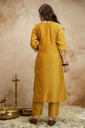 Yellow Floral Embroidered Chanderi Straight Cut Suit (ACA7449)