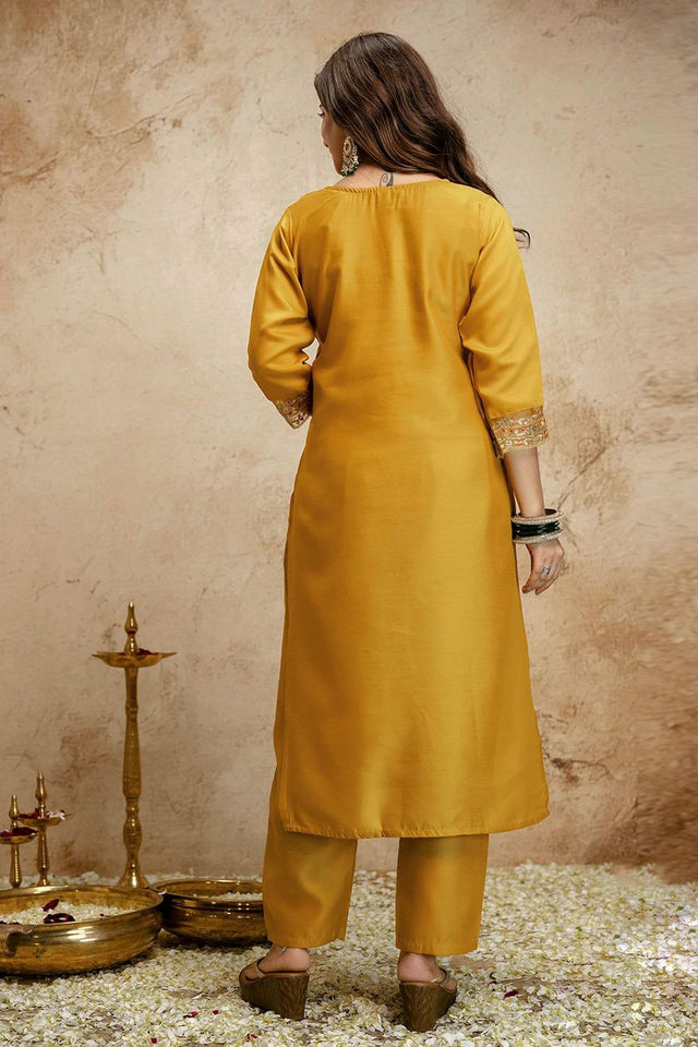 Yellow Floral Embroidered Chanderi Straight Cut Suit (ACA7449)