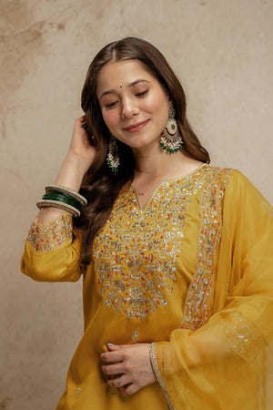 Yellow Floral Embroidered Chanderi Straight Cut Suit (ACA7449)