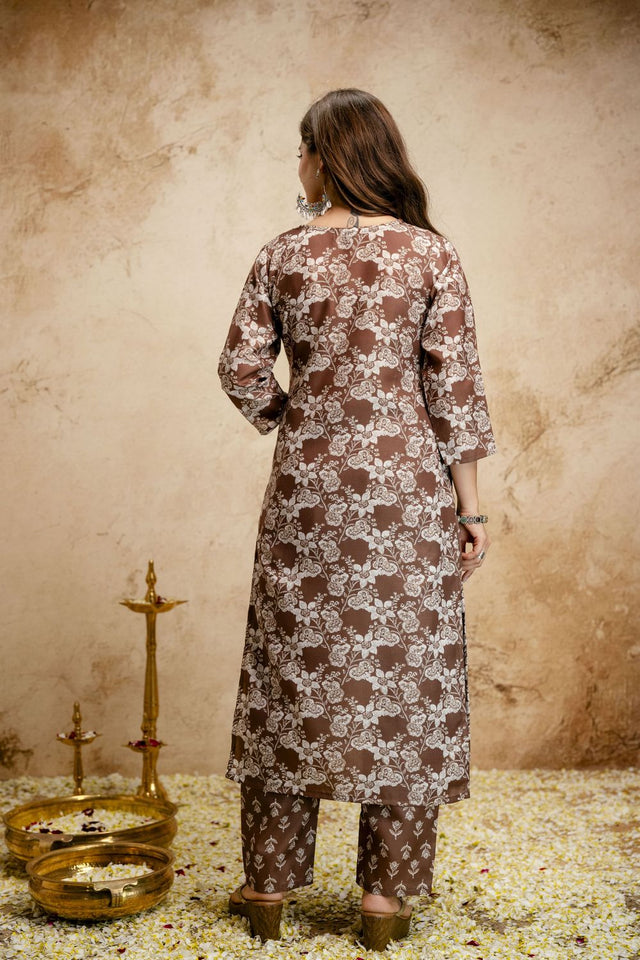Brown Floral Printed Cotton Straight Cut Suit (ACA7450)