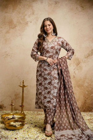 Brown Floral Printed Cotton Straight Cut Suit (ACA7450)