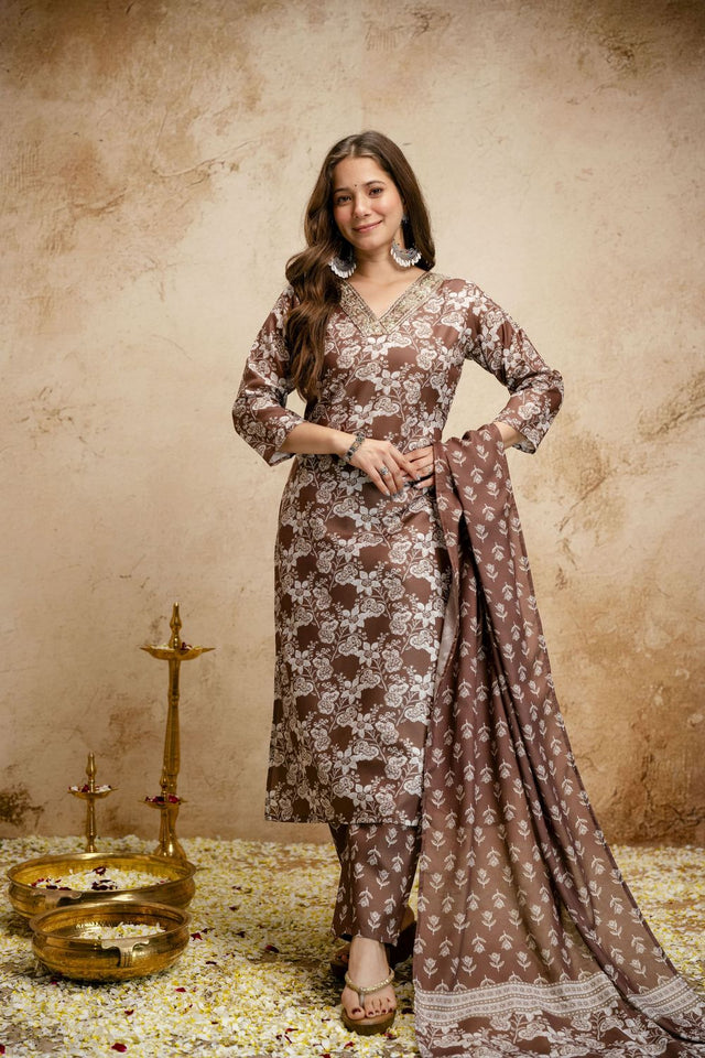 Brown Floral Printed Cotton Straight Cut Suit (ACA7450)