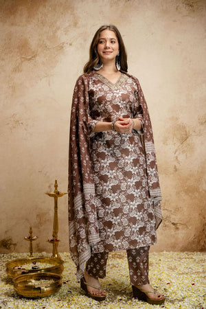 Brown Floral Printed Cotton Straight Cut Suit (ACA7450)