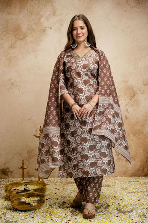 Brown Floral Printed Cotton Straight Cut Suit (ACA7450)