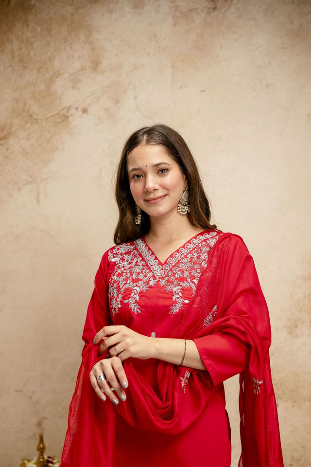 Red Floral Embroidered Chanderi Straight Cut Suits (ACA7451)