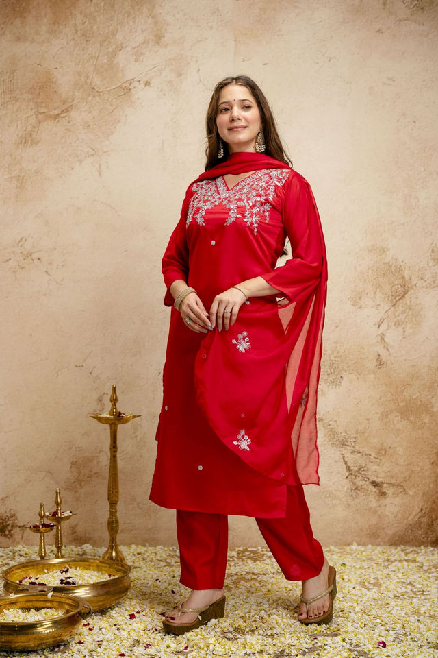 Red Floral Embroidered Chanderi Straight Cut Suits (ACA7451)