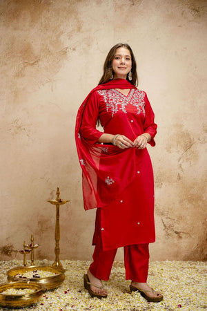 Red Floral Embroidered Chanderi Straight Cut Suits (ACA7451)