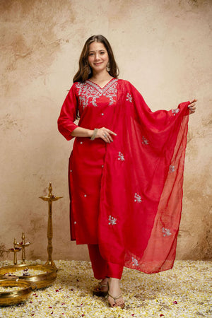 Red Floral Embroidered Chanderi Straight Cut Suits (ACA7451)