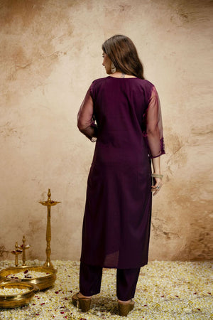 Wine Floral Embroidered Chanderi Straight Cut Suit (ACA7452)