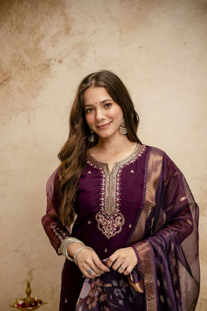 Wine Floral Embroidered Chanderi Straight Cut Suit (ACA7452)