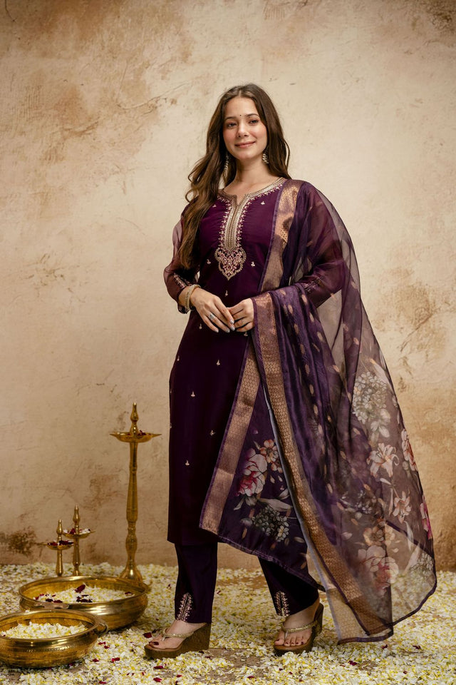Wine Floral Embroidered Chanderi Straight Cut Suit (ACA7452)