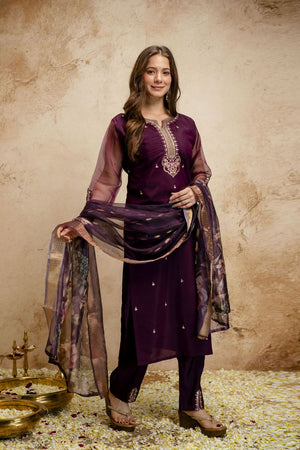 Wine Floral Embroidered Chanderi Straight Cut Suit (ACA7452)
