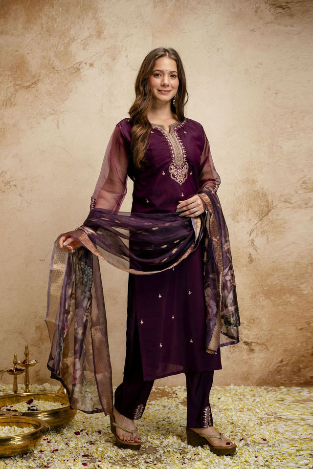 Wine Floral Embroidered Chanderi Straight Cut Suit (ACA7452)