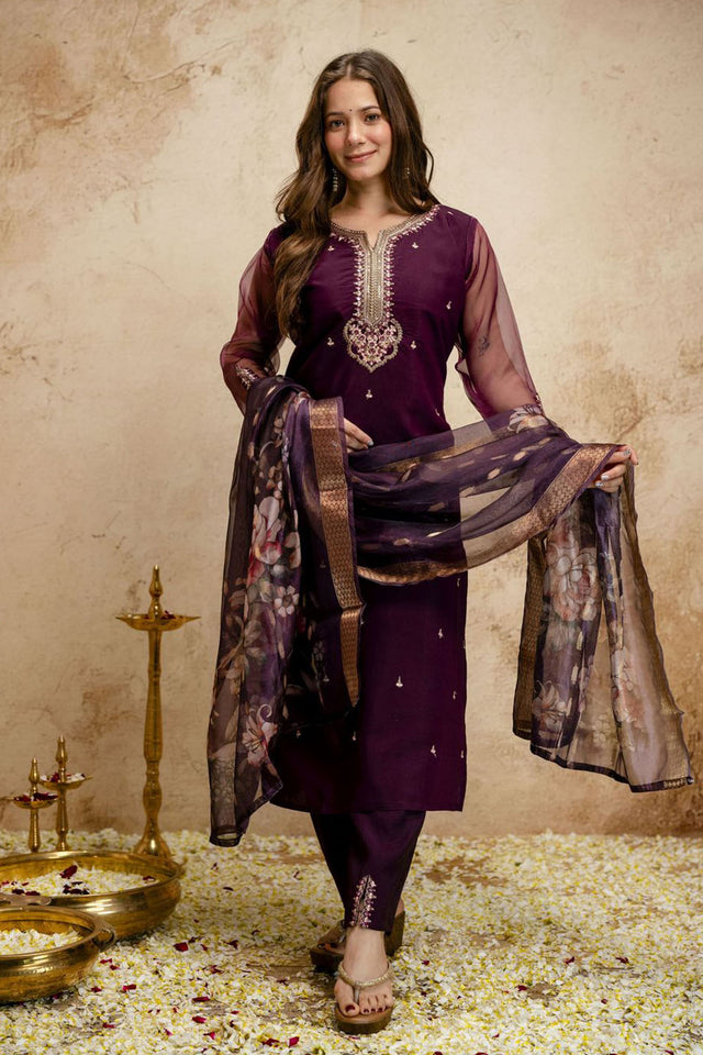 Wine Floral Embroidered Chanderi Straight Cut Suit (ACA7452)