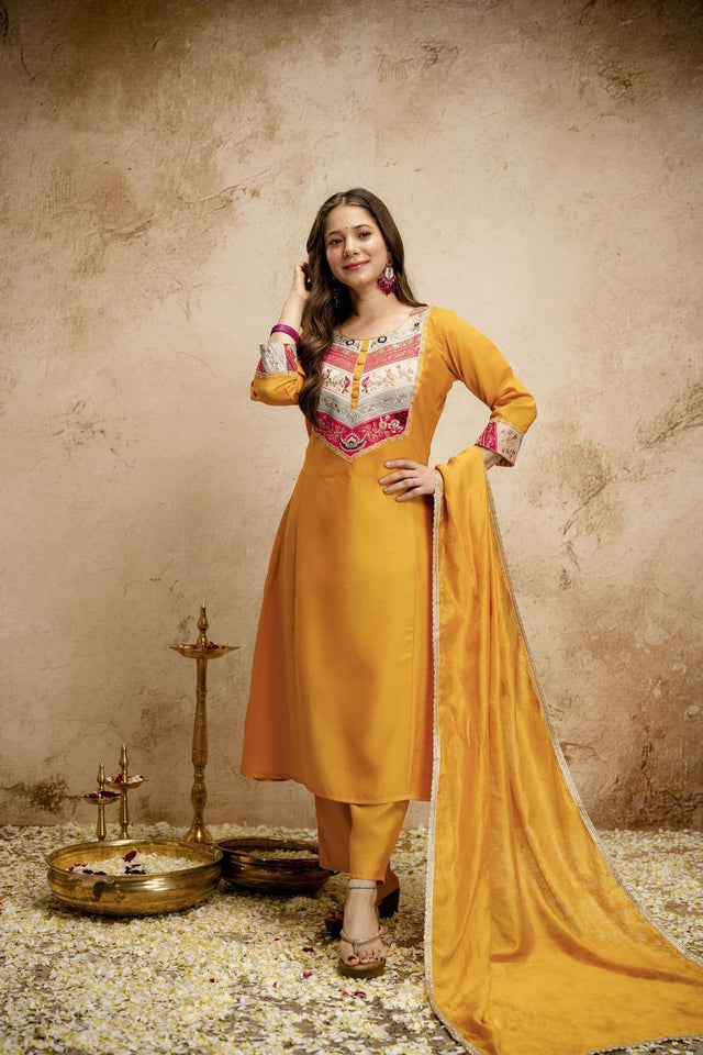 Yellow Floral Embroidered Chanderi Straight Cut Suit (ACA7453)
