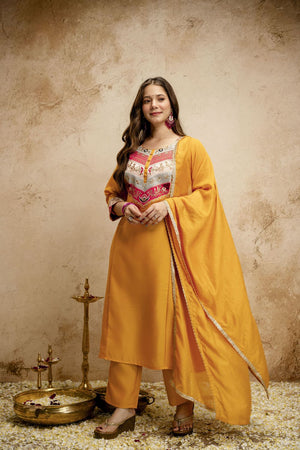 Yellow Floral Embroidered Chanderi Straight Cut Suit (ACA7453)