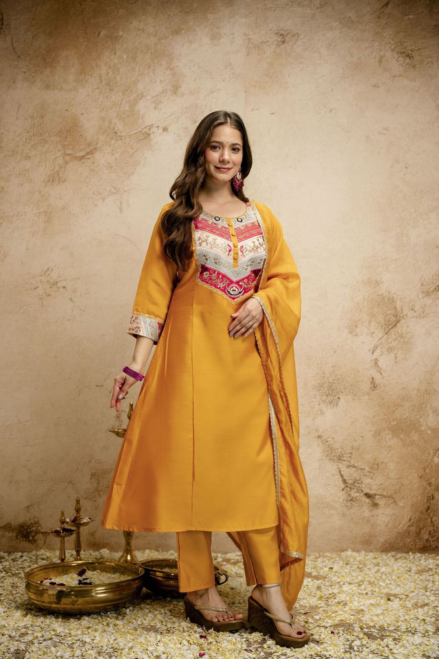 Yellow Floral Embroidered Chanderi Straight Cut Suit (ACA7453)